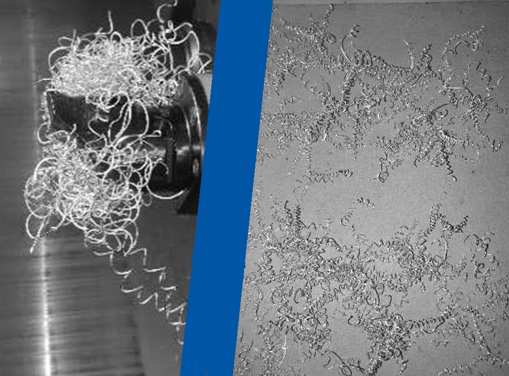 Metallspäne an einer Drehmaschine und verteilt auf einer Fläche.