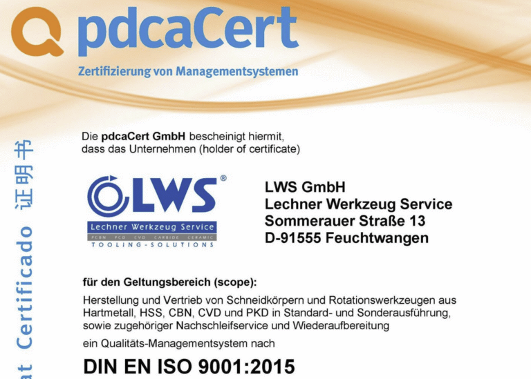 Zertifikat von pdcaCert für LWS GmbH, DIN EN ISO 9001:2015, Werkzeugherstellung und Vertrieb.