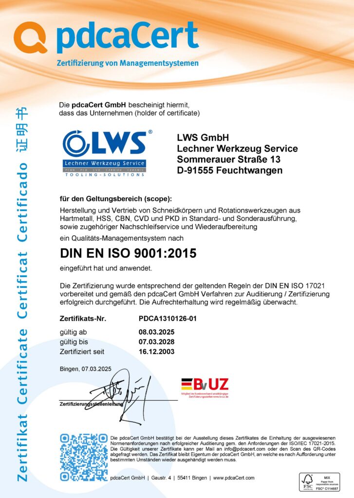 ISO 9001:2015 Managementzertifikat für LWS GmbH, gültig von 2025 bis 2028.