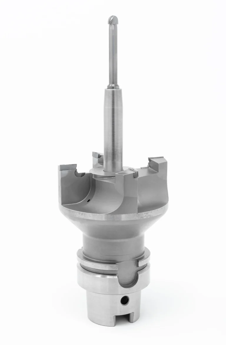 Metallischer Bohrkronenaufsatz vor weißem Hintergrund.