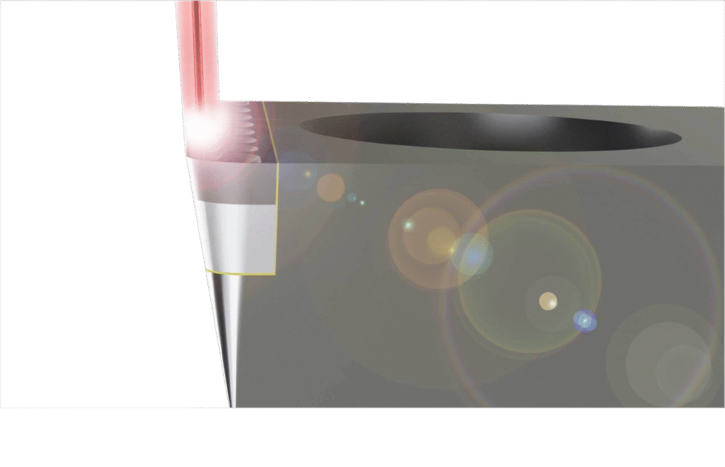 Illustration eines Lasers, der auf eine Oberfläche gerichtet ist, mit Lichtreflexionen und -flares.