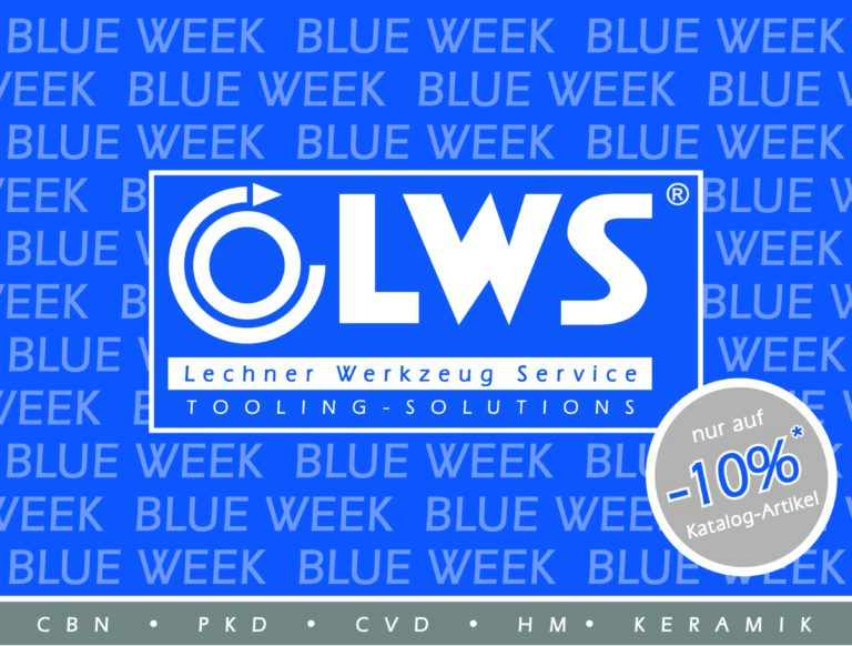 Werbebanner von LWS mit Logo, Text "BLUE WEEK" im Hintergrund und "-10% nur auf Katalog-Artikel" Sticker.