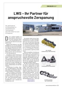 Magazinseite über LWS GmbH, ein Unternehmen für Zerspannungstechnik, mit einem Foto des Firmengebäudes.