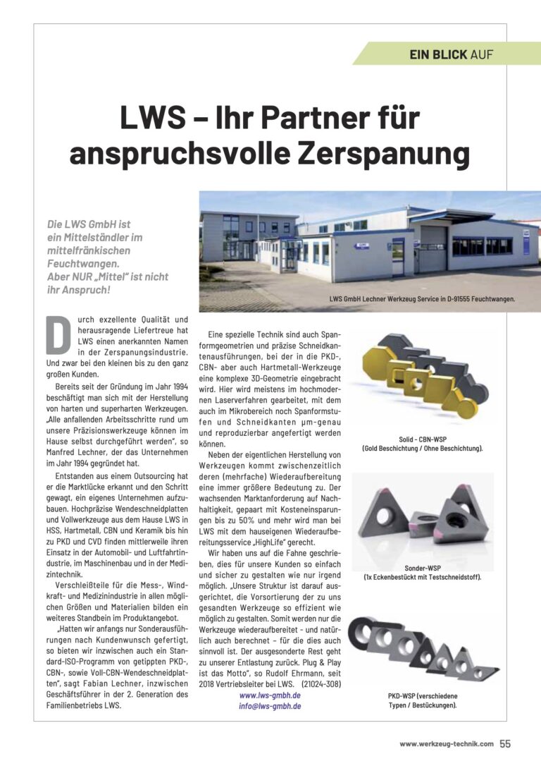 Magazinseite über LWS GmbH, ein Unternehmen für Zerspannungstechnik, mit einem Foto des Firmengebäudes.
