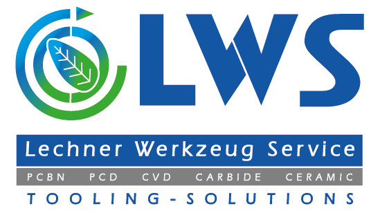 Logo von "Lechner Werkzeug Service", blau/grün, mit Blattsymbol, Schriftzug "TOOLING-SOLUTIONS" und Materialien unten.